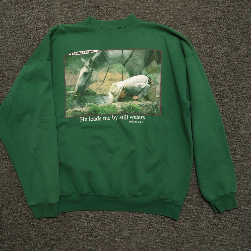 Vintage 90s Western Cowboy Brand Sweatshirt XL Green Psalm 23 Horse Graphic